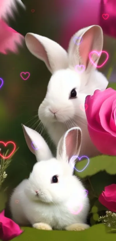 Two white bunnies with pink roses and glowing hearts on phone wallpaper.