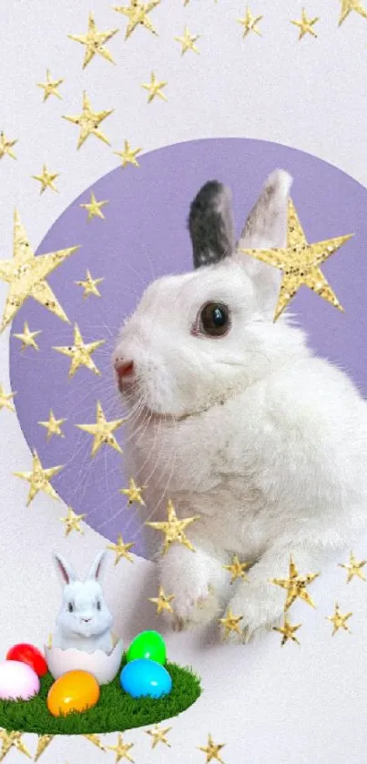 White bunny with golden stars and Easter eggs on a purple background.