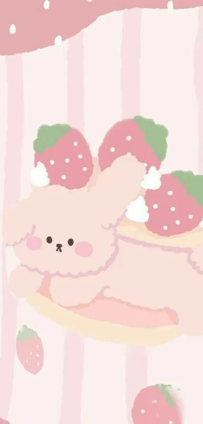 Cute pastel bunny with strawberries on phone wallpaper.