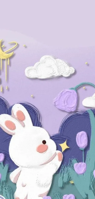 Cute bunny in tulip garden under purple sky wallpaper.