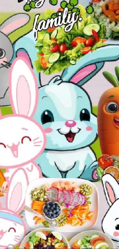 Cute bunny wallpaper with vegetables and colorful salads.