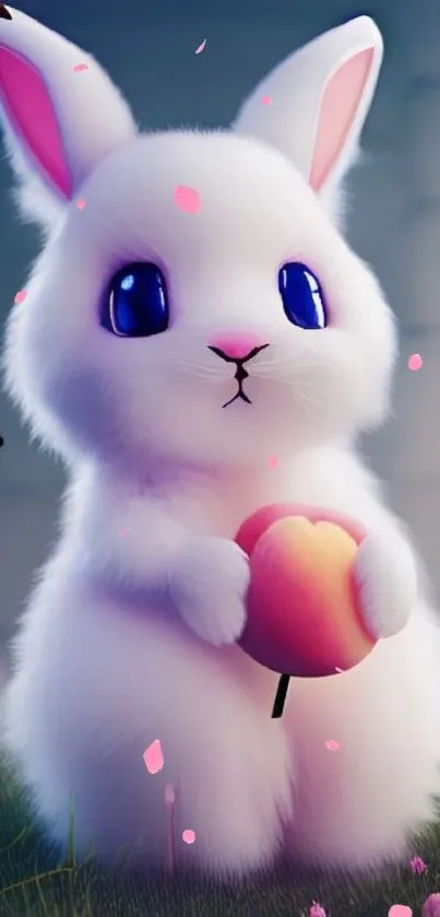 Adorable anime-style bunny with blue eyes holding a peach.