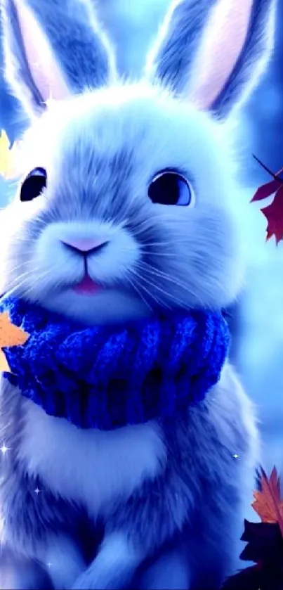 Cute bunny in blue scarf amidst autumn leaves.