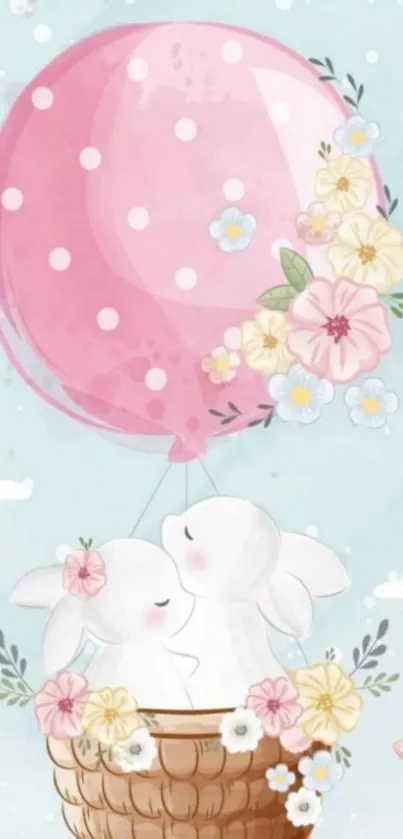 Cute bunnies in a floral hot air balloon against pastel sky background.