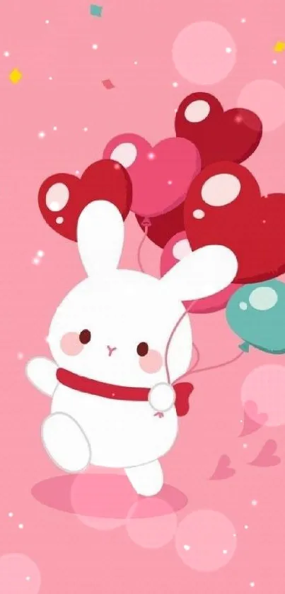 Cute bunny with heart balloons on a pink background.