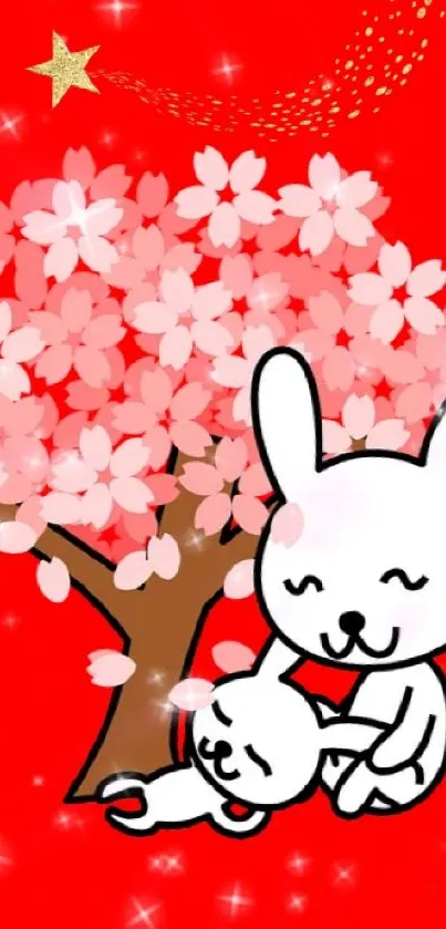 Cute bunny and cherry blossoms on red background wallpaper.