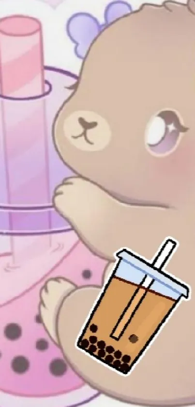 Adorable bunny hugging a boba tea cup in pastel colors.