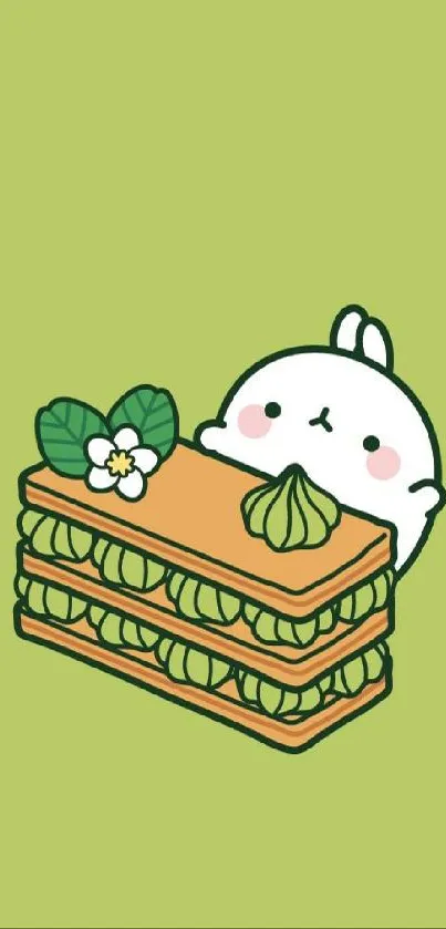 Cute bunny with green cake on a mint background.