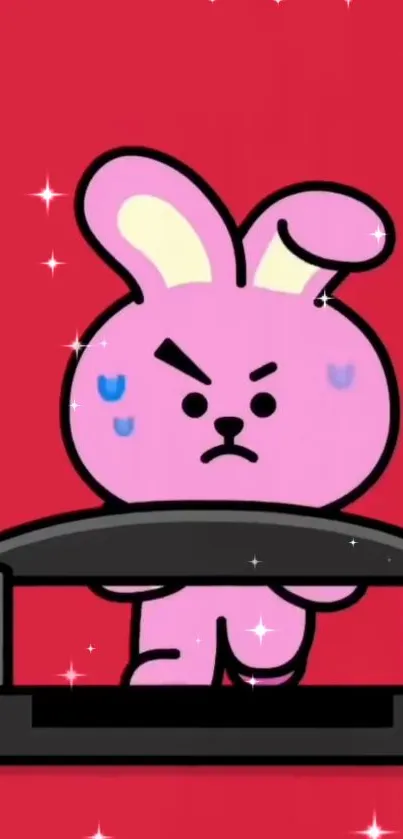 Cartoon pink bunny running on treadmill with stars on red background.