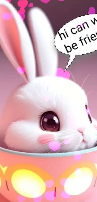 Cute cartoon bunny in a pink cup wallpaper.