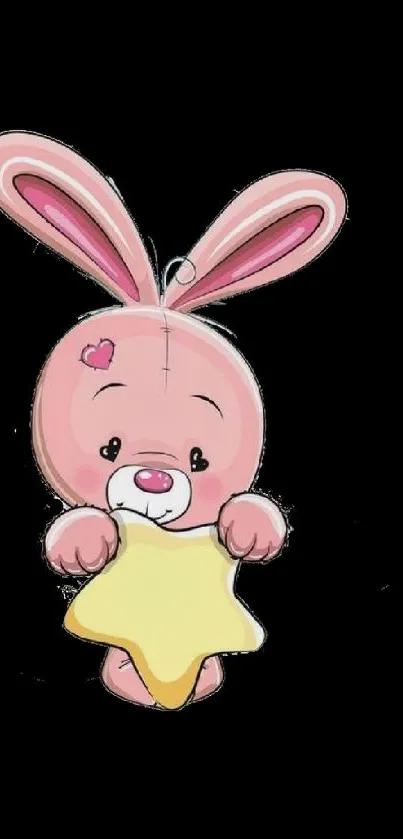 Cute pink cartoon bunny holds a yellow star on black background.