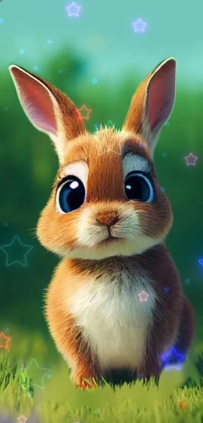 Cute cartoon bunny in a grassy field with colorful stars.