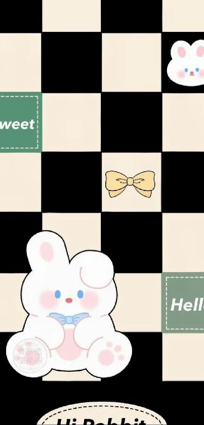 Cute bunny on black and cream checkerboard wallpaper.