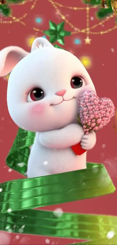 Adorable bunny with heart bouquet on red background with green ribbon.