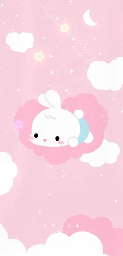 Cute bunny resting on pink clouds with a soft pink background.