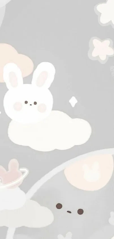 Cute bunny on fluffy clouds wallpaper with pastel tones.