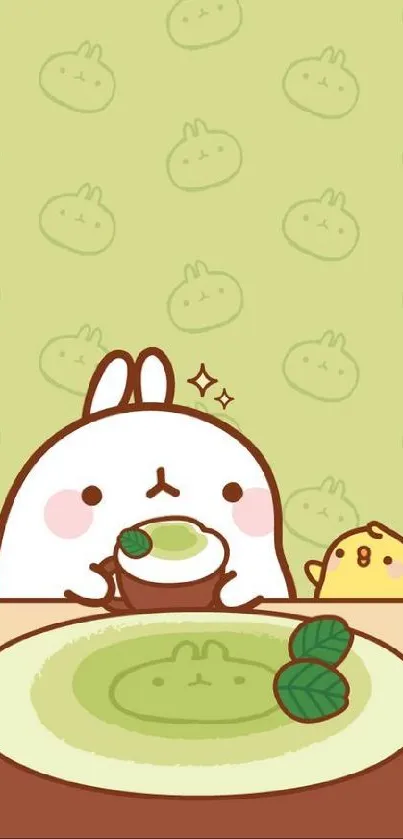 Cute bunny and chick enjoying coffee with green pastel background.