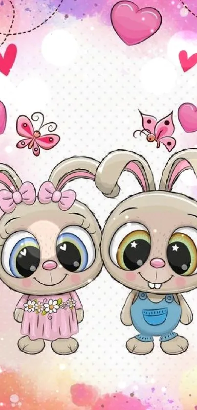 Cute cartoon bunny couple with hearts and butterflies, perfect for mobile wallpaper.