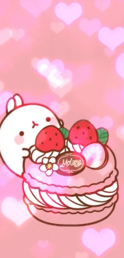 Cute bunny with strawberries on a pink heart background wallpaper.