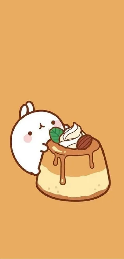 Cute bunny hugging a pudding dessert on an orange background.