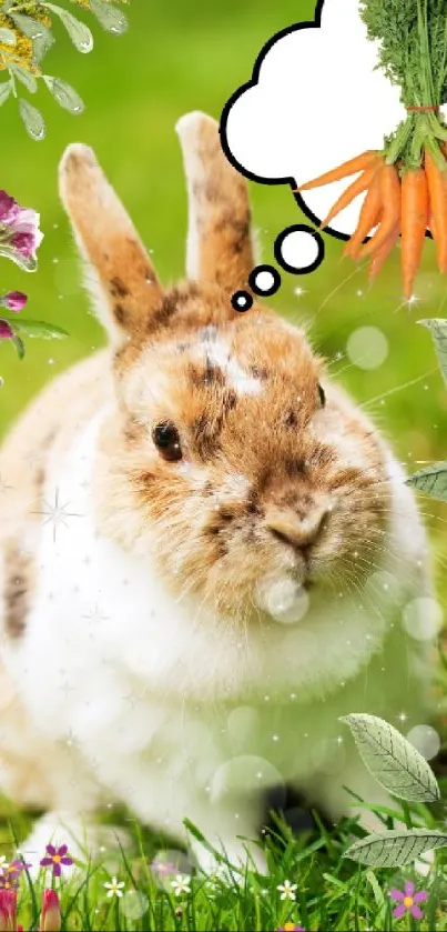 Cute bunny surrounded by flowers dreams of carrots in a grassy field.