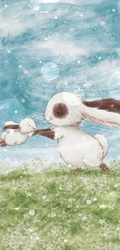 Cute bunny family on a grassy hill with blue painted sky.