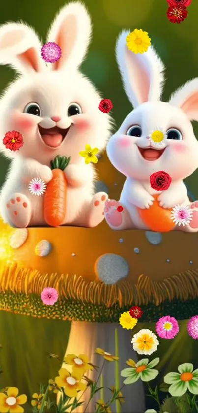 Two cute bunnies with carrots on a vibrant mushroom.