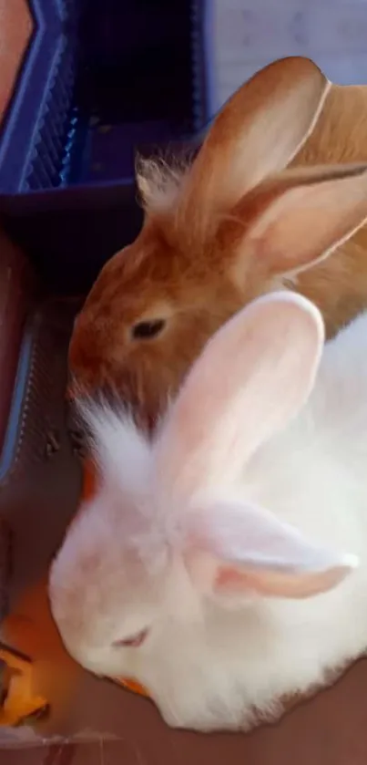 Two fluffy bunnies, one white and one brown, sharing a cozy moment.