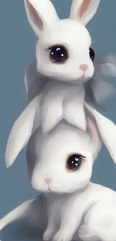 Cute anime-style white bunnies on a blue background.