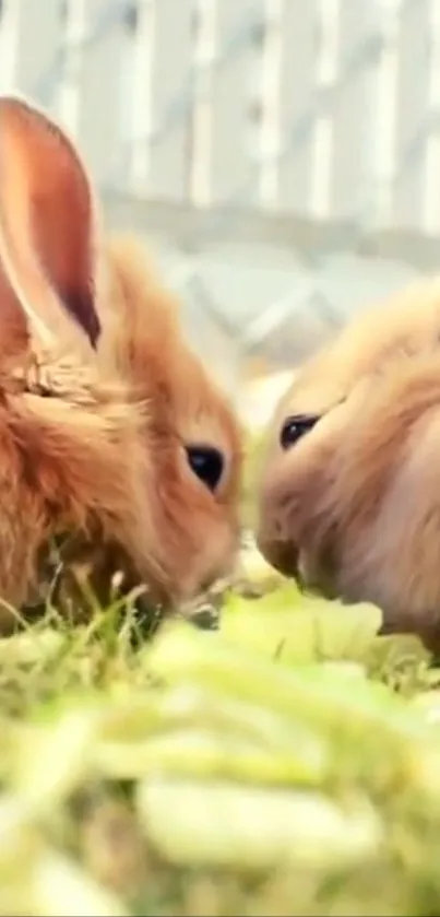 Two fluffy bunnies nuzzling on grass, creating a cute and serene mobile wallpaper.