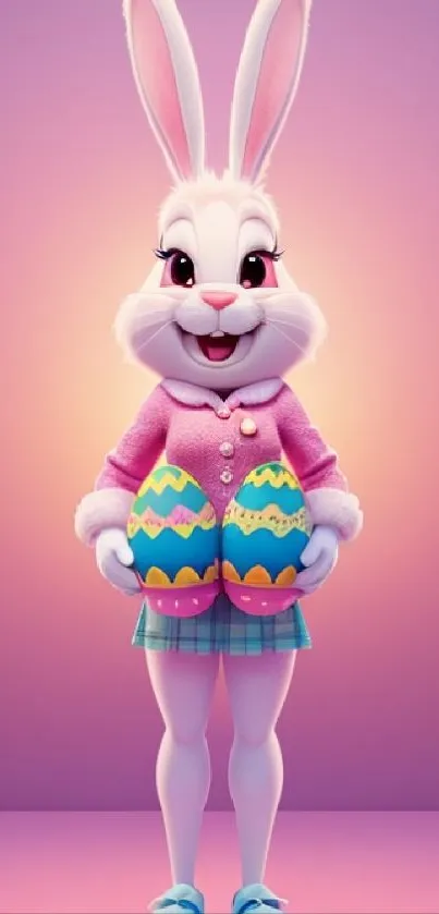 Cute Easter bunny holding vibrant eggs.