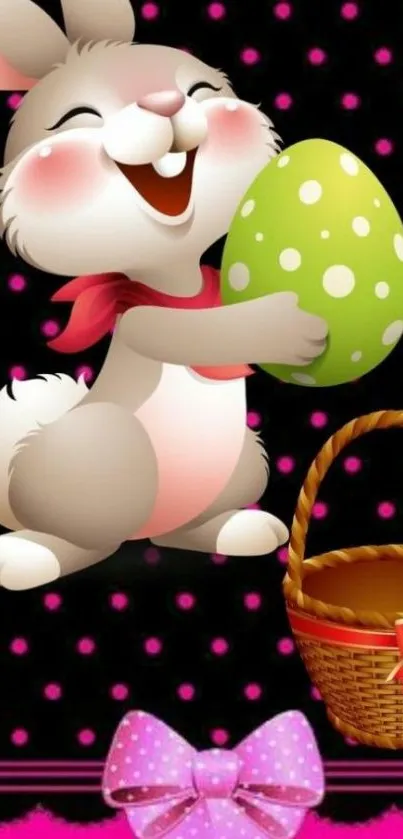 Cute bunny holding Easter egg on polka dot background.