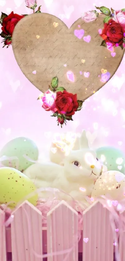 Cute Easter bunny with eggs and floral heart on pink background.