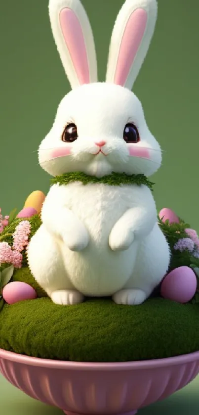 Cute bunny on grass surrounded by Easter decorations.