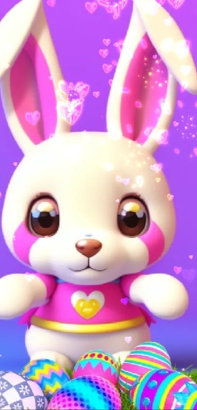 Cute cartoon bunny with Easter eggs background.