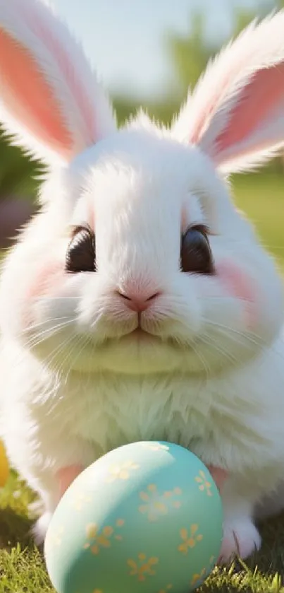 Adorable white bunny with Easter eggs on green grass.