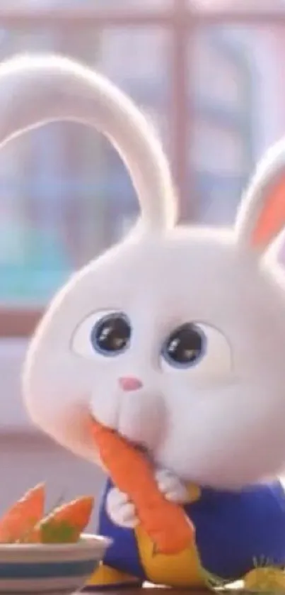 Animated bunny nibbling a carrot in a vibrant kitchen.