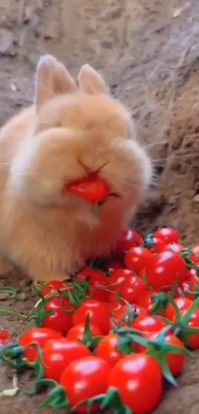 Adorable fluffy bunny eating red tomatoes in a earthy background.