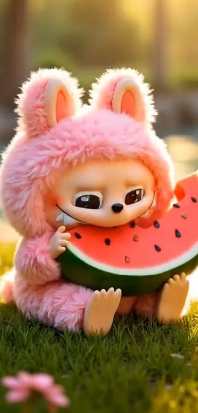 Cartoon bunny in pink costume enjoying watermelon outdoors.