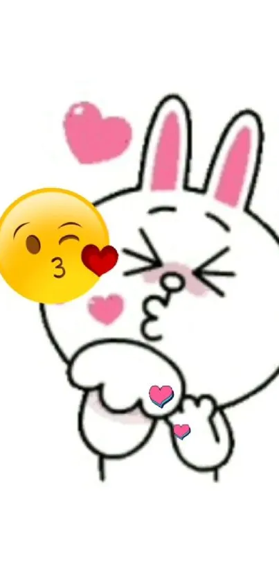 Cute cartoon bunny emoji with pink hearts on white background.