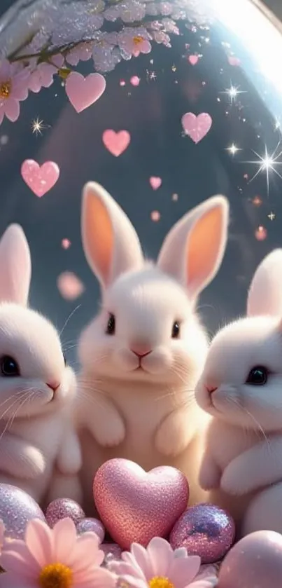 Cute bunnies with hearts and flowers in fantasy art.