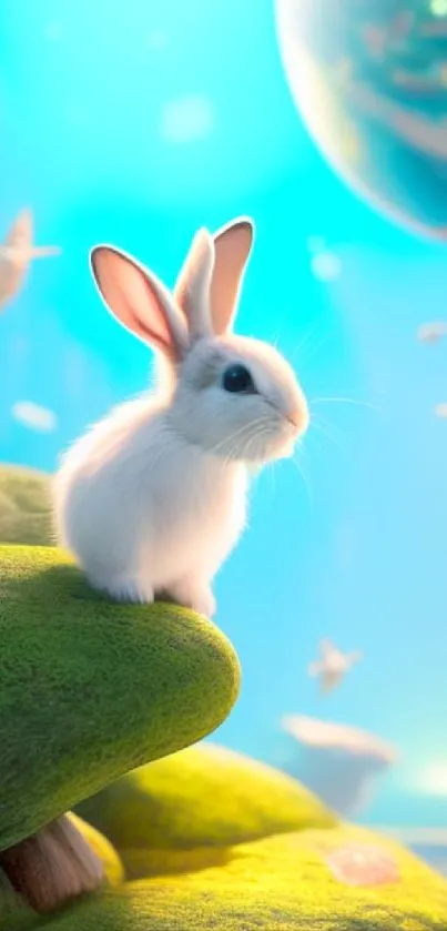 Cute bunny in a vibrant fantasy landscape with dreamy elements and blue background.