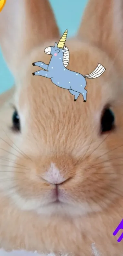 Cute bunny with unicorn and emoji on sky blue background.