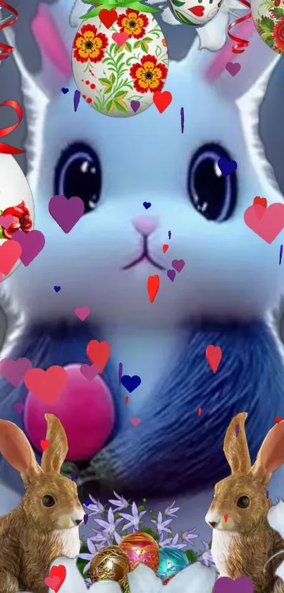 Cute bunny wallpaper with colorful hearts and festival decorations.