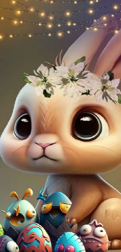 Adorable bunny with flower crown and colorful eggs, perfect for festive mobile wallpaper.