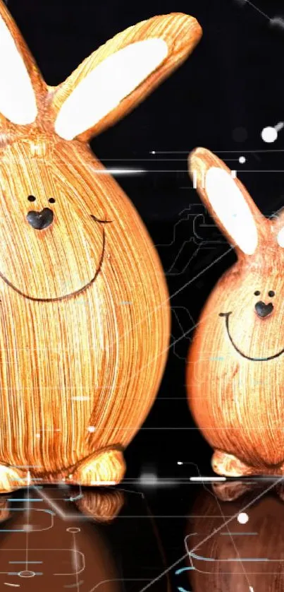 Charming wooden bunny figurines with smiling faces and tech background.