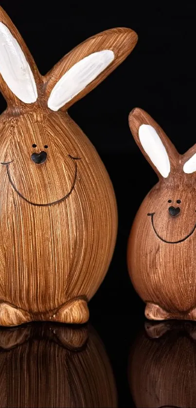 Cute wooden bunny figurines on a black background.