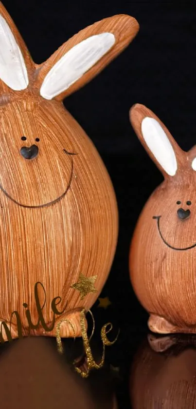 Adorable wooden bunnies with smiles, perfect for mobile wallpaper.