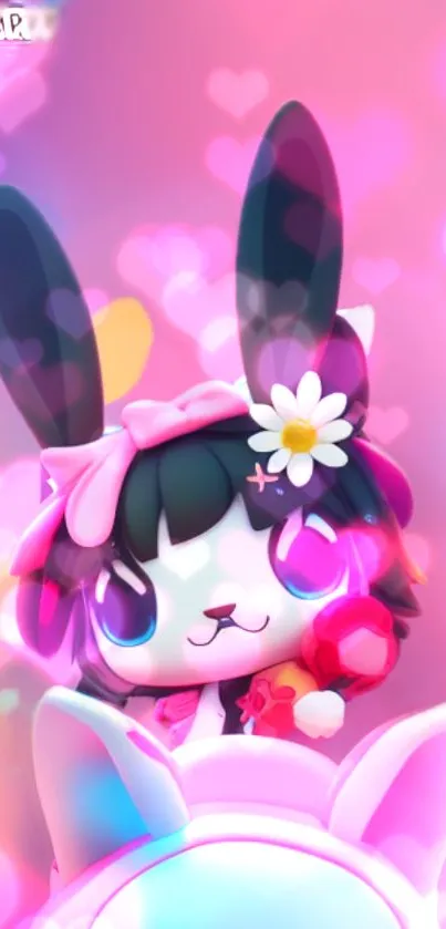 Cute bunny with flowers and pink heart background.