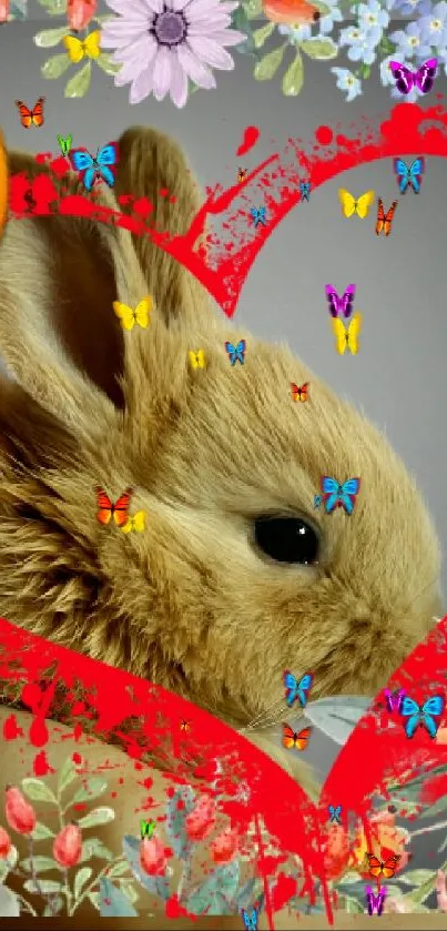 Adorable bunny with floral heart and emojis on phone wallpaper.